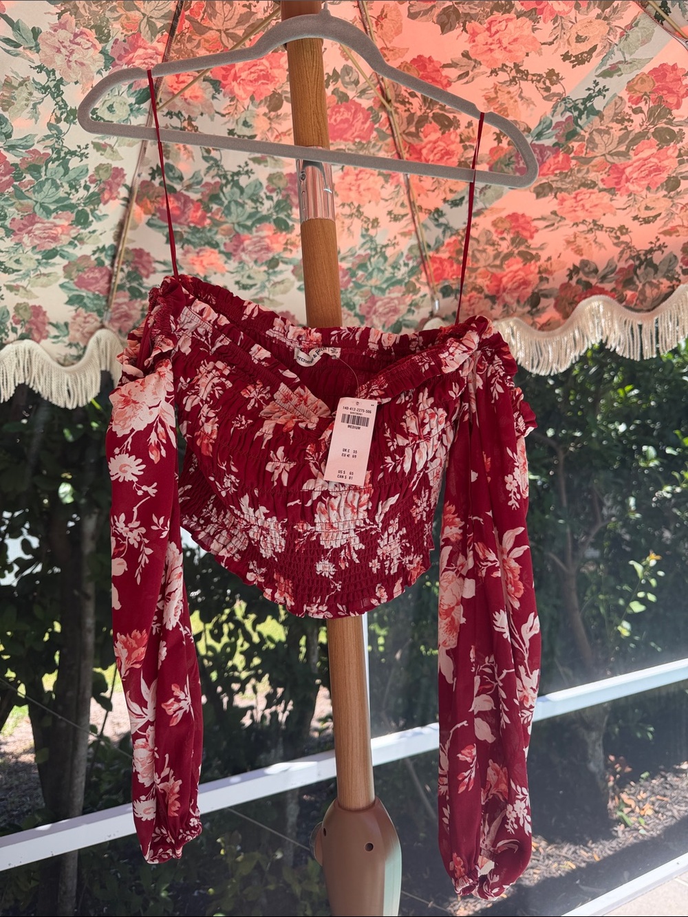 Abercrombie Red Floral Off-Shoulder Smocked Crop Top